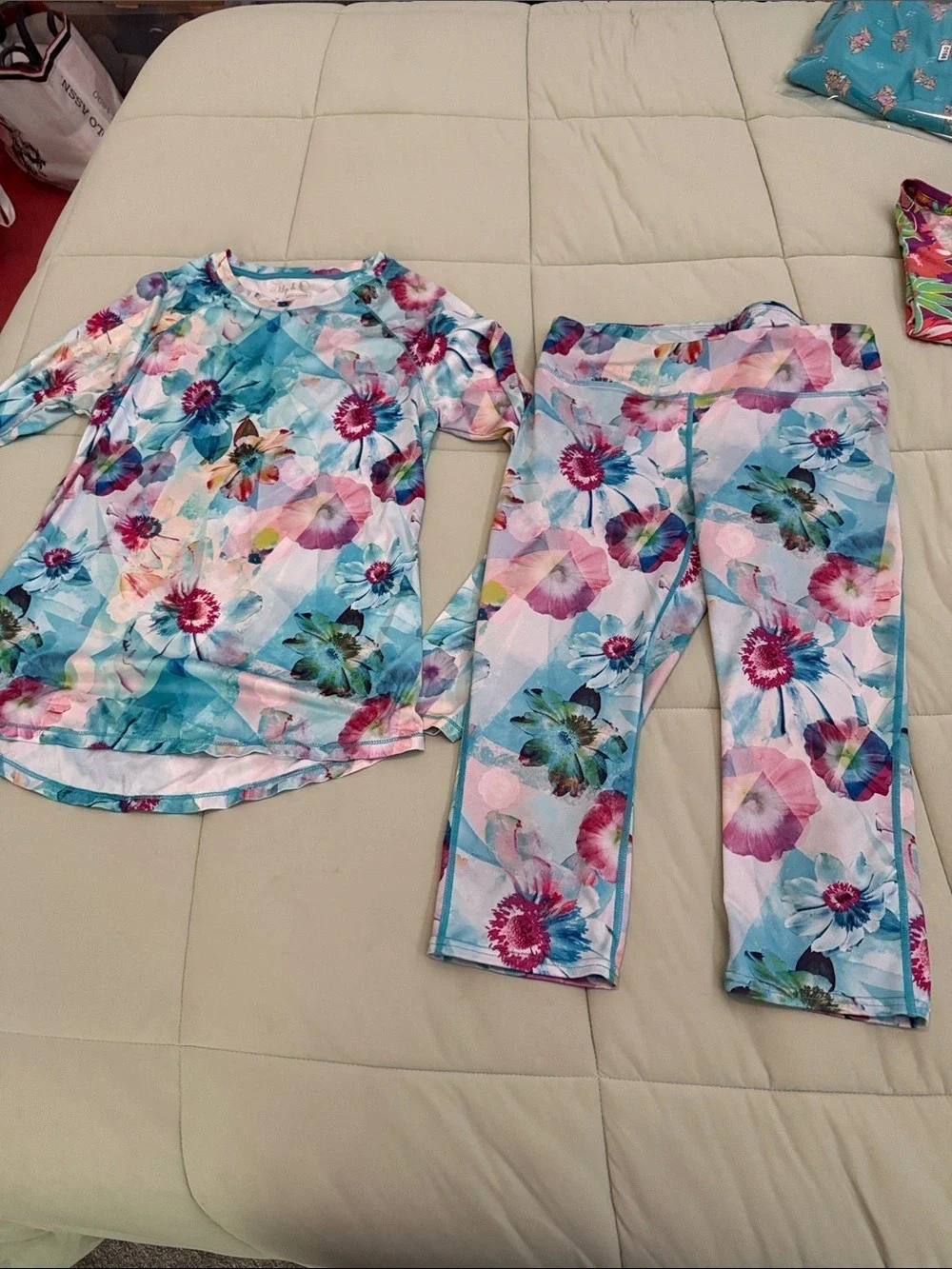 #0221 Floral Aqua Pajama Set - Soft Long Sleeve Top & Pants